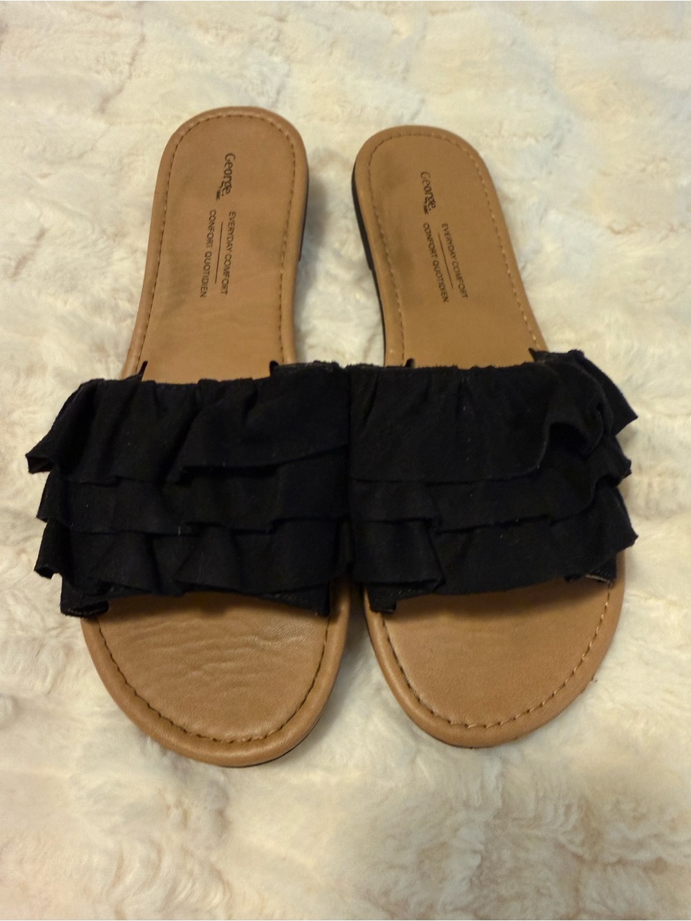 George Black Ruffled Slide Sandals